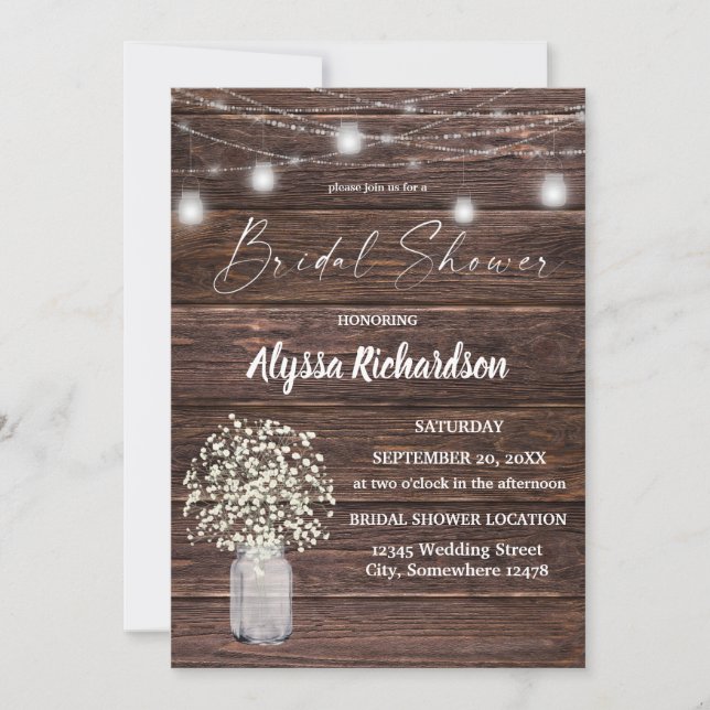 Baby's Breath Wood & String Lights Bridal Shower I Invitation (Front)