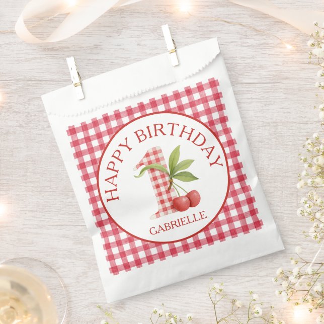 Baby's Cherry First Red Gingham Birthday  Favour Bags (Clipped)