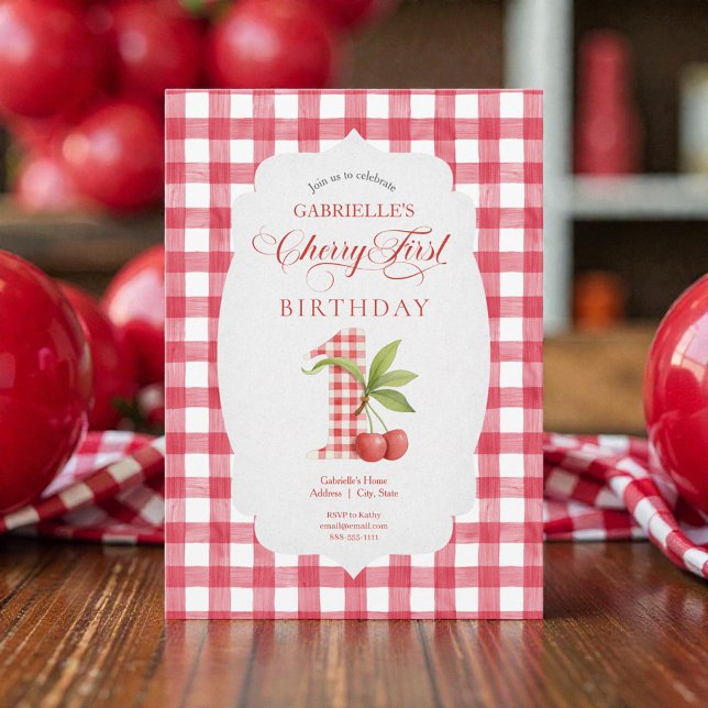 Baby's Cherry First Red Gingham Birthday Invitation (Creator Uploaded)