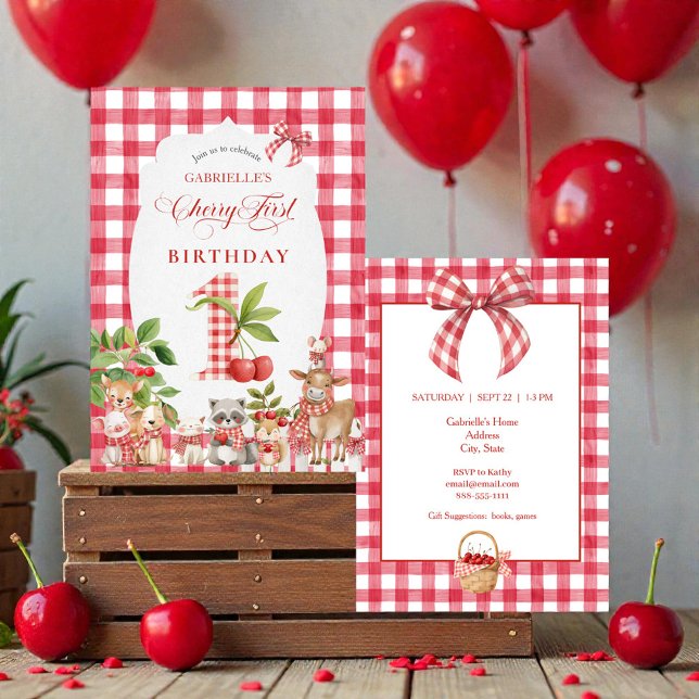 Baby's Cherry First Red Gingham Birthday Invitation (Creator Uploaded)