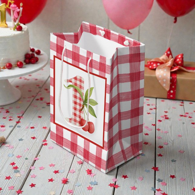 Baby's Cherry First Red Gingham Birthday Medium Gift Bag (Creator Uploaded)