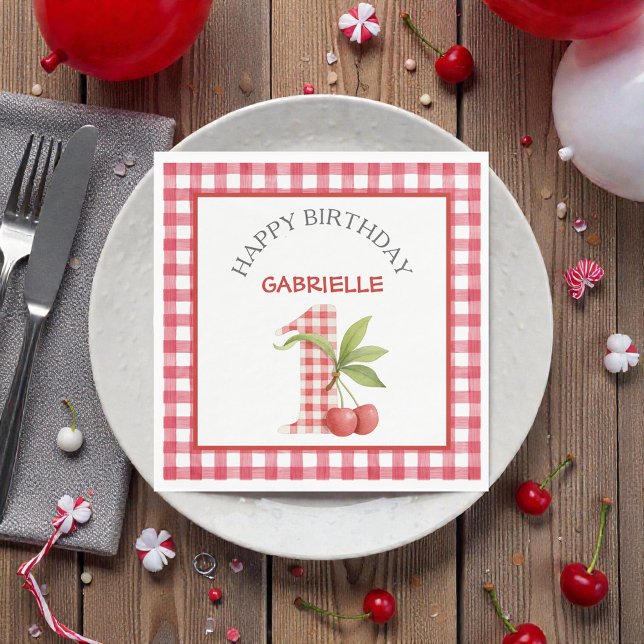 Baby's Cherry First Red Gingham Birthday Napkin (Creator Uploaded)