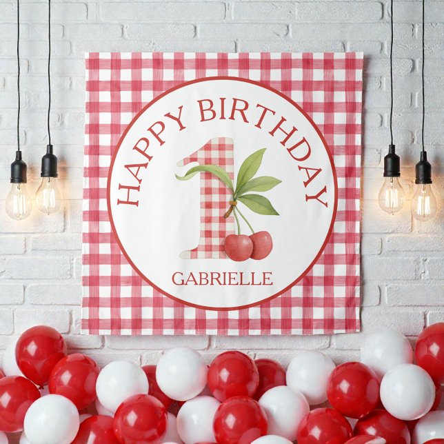 Baby's Cherry First Red Gingham Birthday  Tapestry (Creator Uploaded)