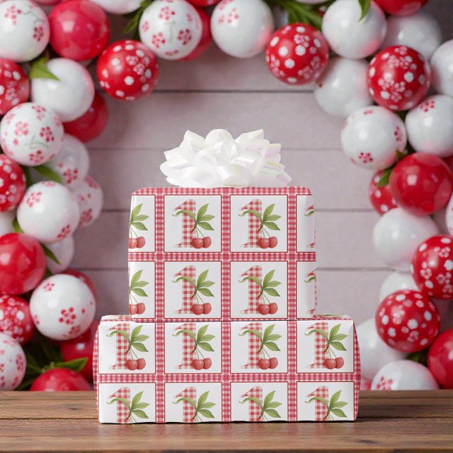 Baby's Cherry First Red Gingham Birthday Wrapping Paper (Creator Uploaded)