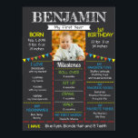 Baby's First Birthday Photo Poster<br><div class="desc">This poster is a cute addition to your child's first birthday party. The background is charcoal grey and accented with bright colours. Add a photo of your child and personalise the poster with all his favourites and milestones.</div>