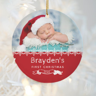 Baby's First Christmas 2023 Red White Custom Photo Ceramic Tree Decoration
