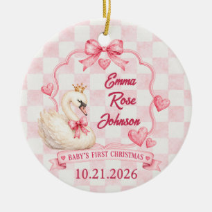 Baby's First Christmas 2026 Pink Bow Swan Name Ceramic Tree Decoration