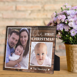 Baby's First Christmas 2 Photo Collage Rustic Wood Plaque