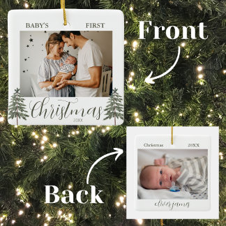 Baby's First Christmas 2 Photos Watercolor Trees Ceramic Ornament