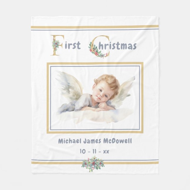 Baby's First Christmas Angel Gold White Christmas  Fleece Blanket (Front)