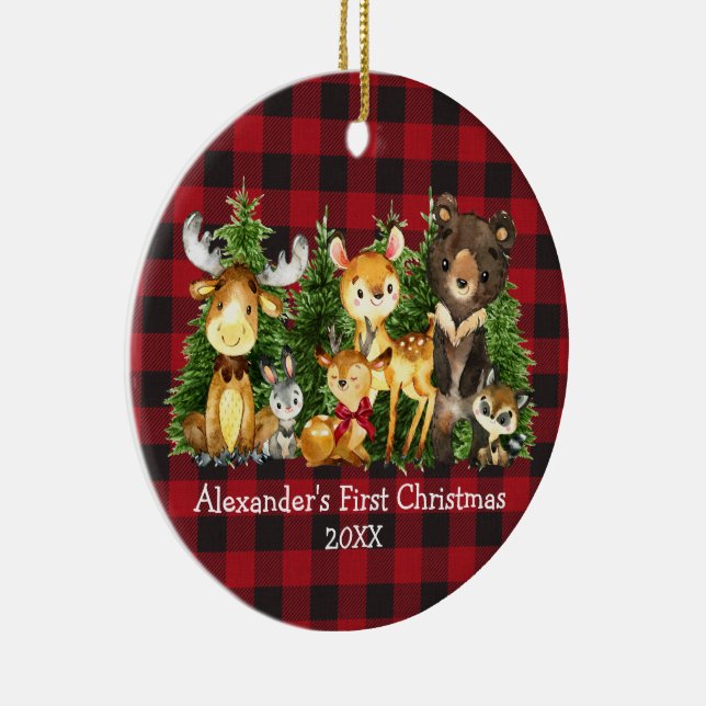 Baby's First Christmas Animals Deer PHOTO Plaid Ceramic Tree Decoration (Right)