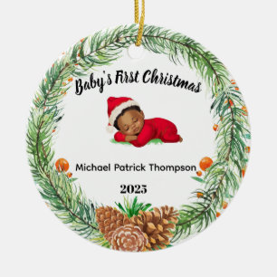Babys First Christmas Baby Photo Pine Wreath Ceramic Tree Decoration