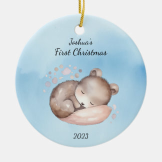 Baby's First Christmas Bear Blue Personalised Ceramic Tree Decoration
