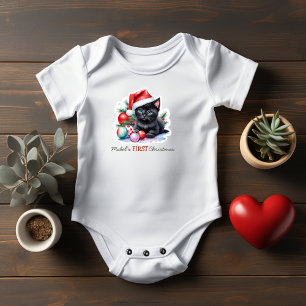 Baby's First Christmas Black Kitten Santa Hat Baby Bodysuit