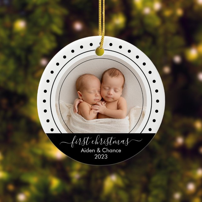 Baby's First Christmas Black, White Dots Ceramic Tree Decoration (Modern Custom Photo Ornament)