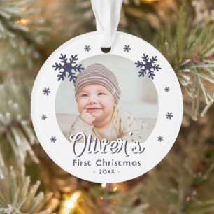 Baby's First Christmas Blue Snowflakes Photo Ornament