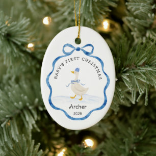 Babys First Christmas Blue Watercolor Ribbon Goose Ceramic Tree Decoration