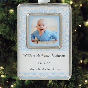 Baby's First Christmas Blue White Lace Photo Silver Plated Framed Ornament