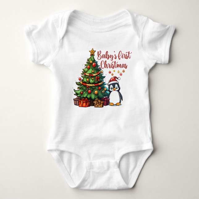 Baby's First Christmas Bodysuit | Cute Penguin  (Front)