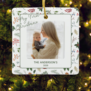 Babys First Christmas Botanical Family Photo Ceramic Ornament