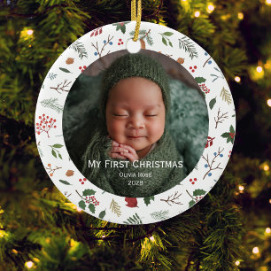 Babys First Christmas Botanical Family Photo Ceramic Tree Decoration
