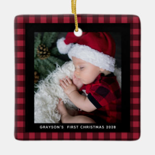 Baby's First Christmas Buffalo Plaid 2 Photo  Ceramic Ornament