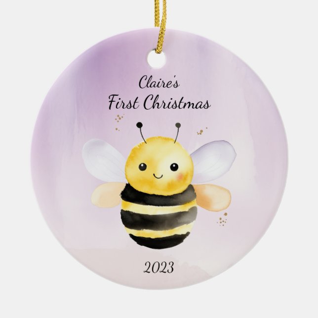 Baby's First Christmas Bumble Bee Personalised Ceramic Tree Decoration (Front)