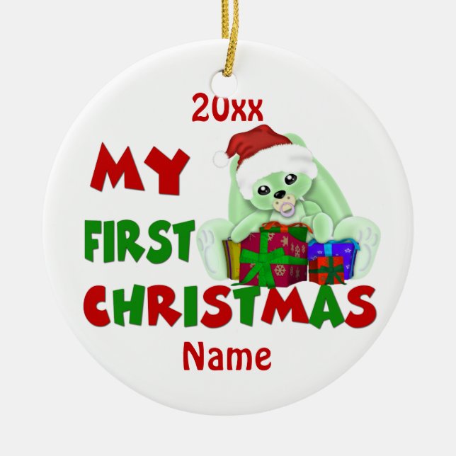 Babys First Christmas Bunny Personalised Ceramic Tree Decoration (Front)
