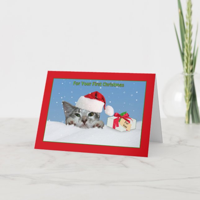 Baby's First Christmas, Cat In Snow Holiday Card (Front)