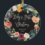 Baby's First Christmas | Chalkboard Floral Photo Ceramic Tree Decoration<br><div class="desc">This beautiful Christmas ornament says "Baby's First Christmas" in trendy handwritten script,  on a black chalkboard look background. A rustic watercolor floral wreath with flowers in shades burgundy,  marsala,  orange,  peach,  and blush circles the edges. The back of the ornament has a spot for your baby's photo.</div>