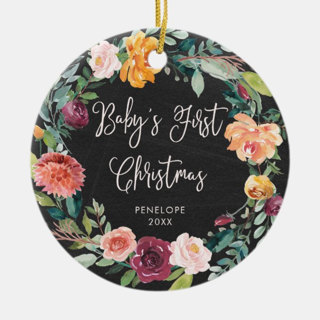 Baby's First Christmas | Chalkboard Floral Photo Ceramic Tree Decoration (Front)