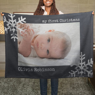 Baby's First Christmas Chalkboard Photo Snowflake Fleece Blanket