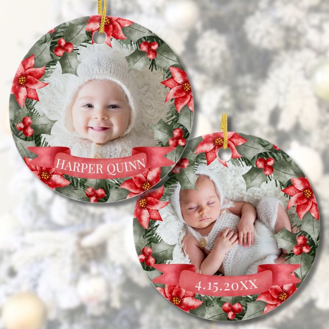 Baby's First Christmas Classic Floral Frame Photo Ceramic Tree Decoration (Baby's First Christmas Classic Floral Frame Photo Ceramic Ornament)