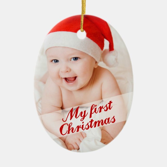 Baby's First Christmas Cursive Holiday Photo Ceramic Tree Decoration (Front)