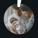 Baby's First Christmas Custom 2-photo White Script Ornament<br><div class="desc">Minimalist and beautiful,  this custom 2-photo ornament celebrates baby's first Christmas. Features a modern script font and a white Christmas Tree. Text is all customisable.</div>