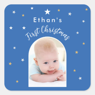 Baby's First Christmas Custom Arch Photo Blue Square Sticker