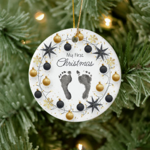 Baby's First Christmas Custom Foot Prints Gold Ceramic Tree Decoration