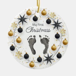 Baby's First Christmas Custom Foot Prints Gold Ceramic Tree Decoration