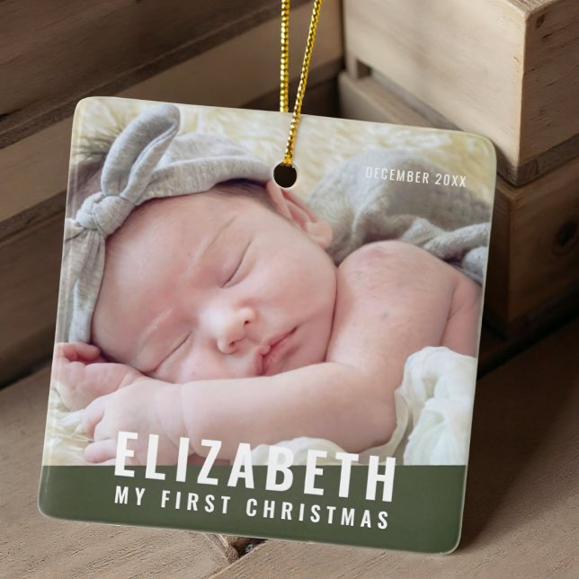 Baby's First Christmas Custom Modern Photo Year Ceramic Ornament (Creator Uploaded)