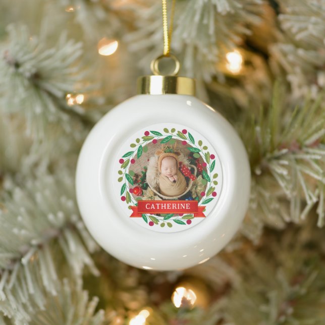 Baby's First Christmas Custom Name Ceramic Ball Christmas Ornament (Tree)