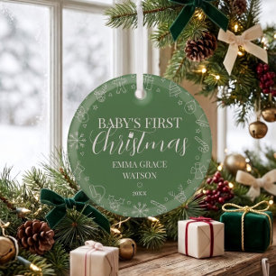 Baby's First Christmas Custom Name Keepsake Green Glass Tree Decoration