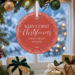Baby's First Christmas Custom Name Keepsake Red Glass Tree Decoration