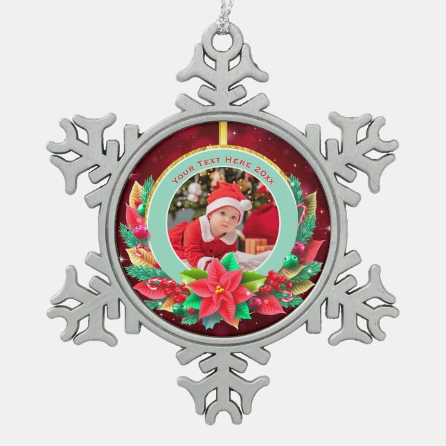 Baby's First Christmas Custom Name Photo Keepsake Snowflake Pewter Christmas Ornament (Front)