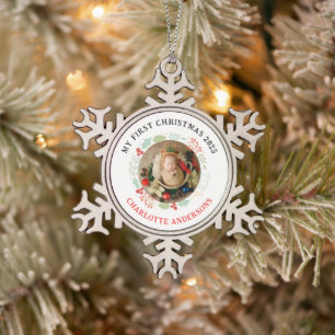 Baby's First Christmas Custom Name Photo Snowflake Pewter Christmas Ornament