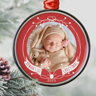 Baby's First Christmas Custom Name Year Photo Metal Tree Decoration