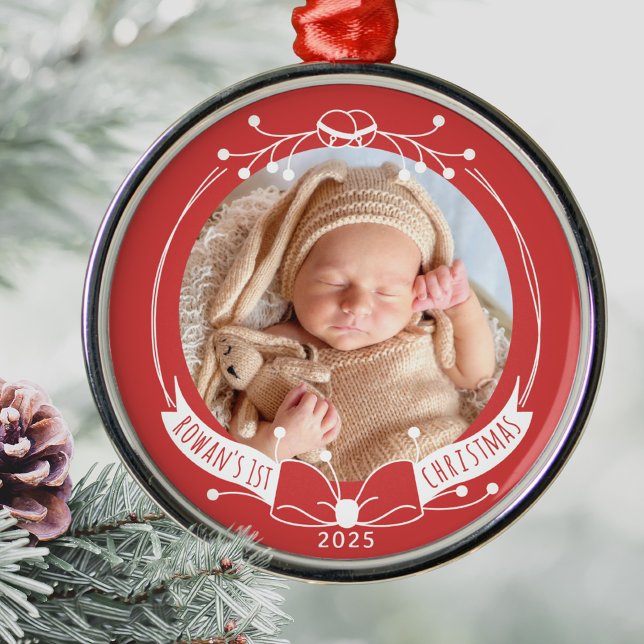 Baby's First Christmas Custom Name Year Photo Metal Tree Decoration (Baby's First Christmas Photo Ornament, Personalized Name Year, Minimalist Line Art Custom Keepsake)