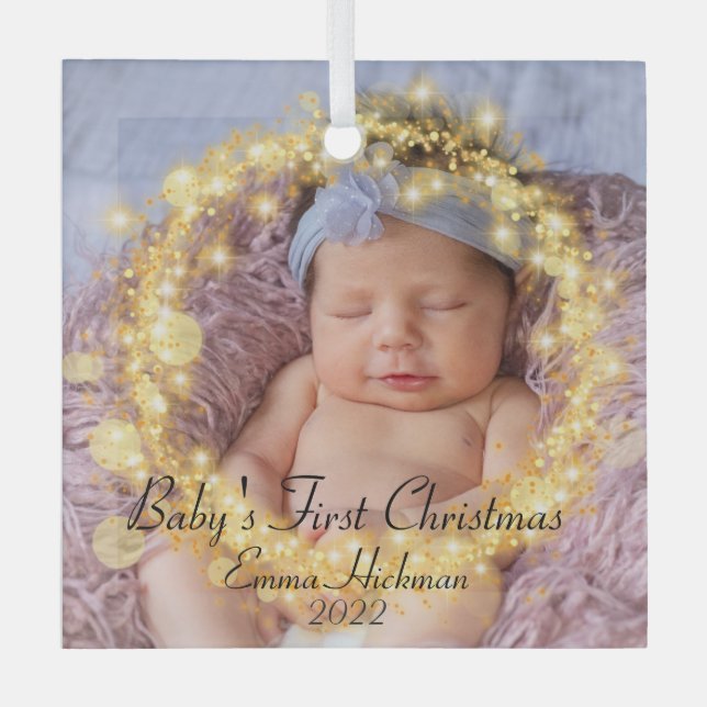 Baby's First Christmas Custom Photo Gold Circle Glass Tree Decoration (Front)