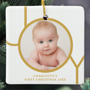 Baby's First Christmas Custom Photo Gold White Ceramic Ornament