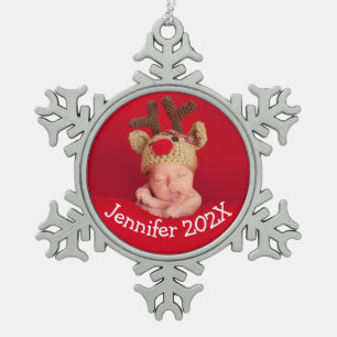 Baby's First Christmas Custom Photo Keepsake Snowflake Pewter Christmas Ornament