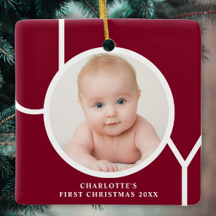 Baby's First Christmas Custom Photo Maroon Ceramic Ornament